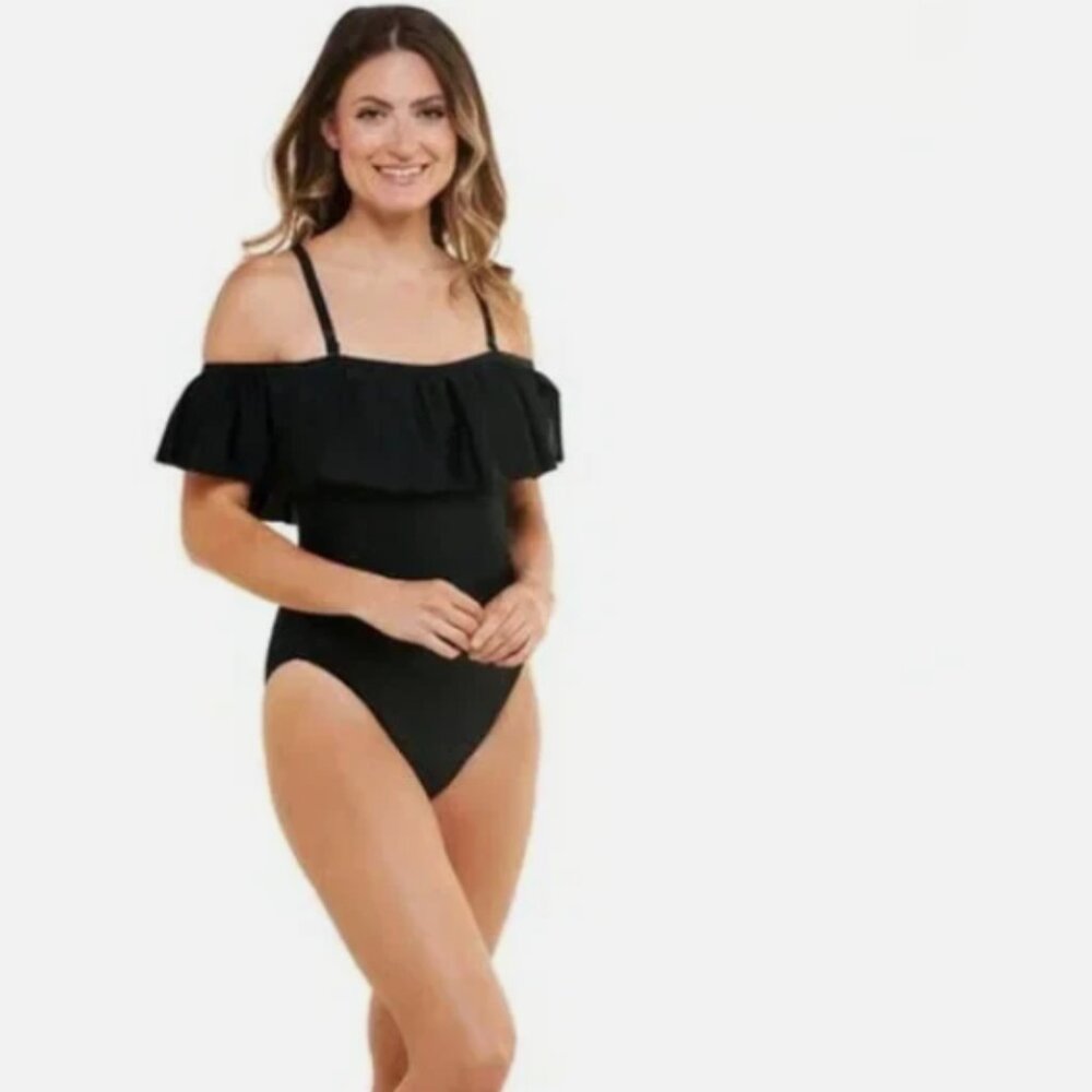HOT PINK  NOT BLACK Tahari One Piece Swimsuit XS Off Shoulder Ruffled Pink NWT